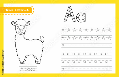 Trace letter A uppercase and lowercase. Alphabet tracing practice preschool worksheet for kids learning English with cute cartoon animal. Coloring book for Pre K, kindergarten. Vector illustration