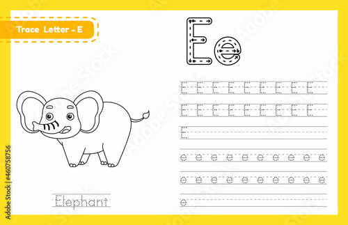 Trace letter E uppercase and lowercase. Alphabet tracing practice preschool worksheet for kids learning English with cute cartoon animal. Coloring book for Pre K, kindergarten. Vector illustration