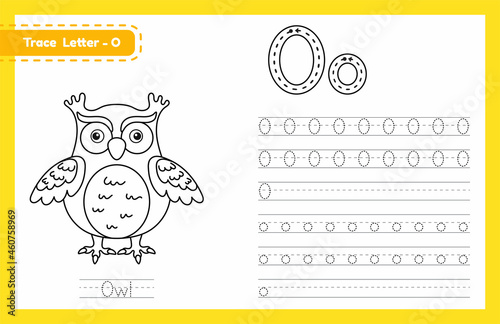 Trace letter O uppercase and lowercase. Alphabet tracing practice preschool worksheet for kids learning English with cute cartoon animal. Coloring book for Pre K, kindergarten. Vector illustration photo