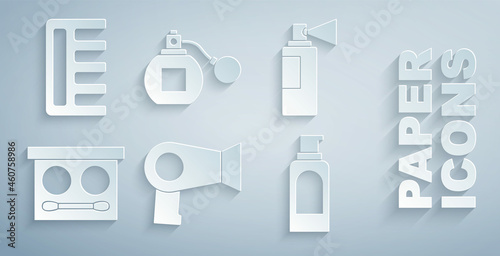 Set Hair dryer, Perfume, Eye shadow palette, Spray can for hairspray, and Hairbrush icon. Vector