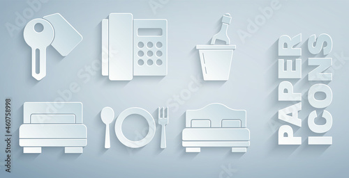 Set Plate, fork and knife, Champagne in ice bucket, Hotel room bed, Telephone handset and door lock key icon. Vector