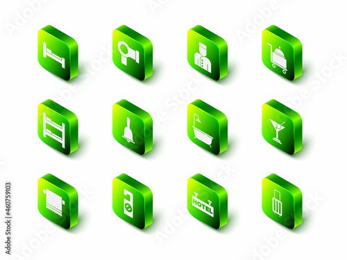 Set Hair dryer, Concierge, Covered with tray, Martini glass, Suitcase, Bathtub shower, Signboard text Hotel and Please do not disturb icon. Vector