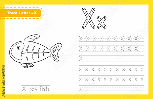 Trace letter X uppercase and lowercase. Alphabet tracing practice preschool worksheet for kids learning English with cute cartoon animal. Coloring book for Pre K, kindergarten. Vector illustration