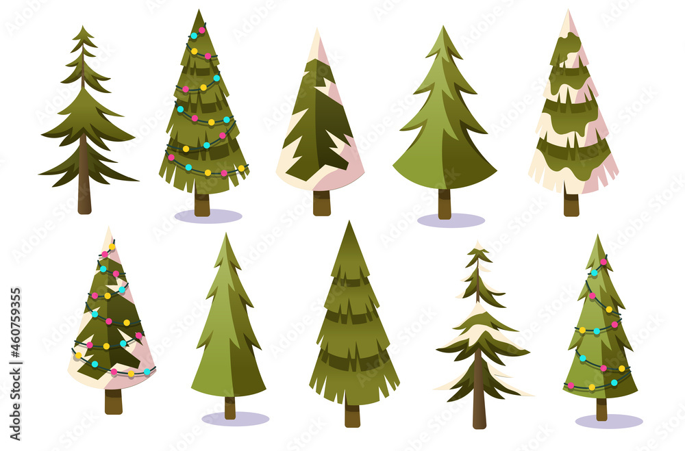 Christmas trees illustration with snow and lights. Set icon vector isolated on white background. New year decorations. 