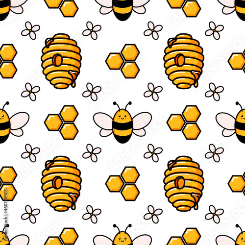 Cute honey bee seamless pattern. Vector doodle cartoon beehive, flowers and honeycombs illustration digital paper isolated on white background perfect for kids fabric prints