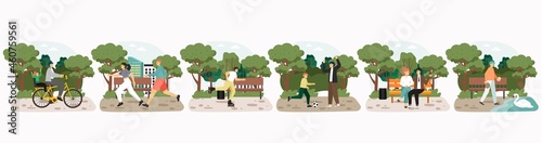People riding bike, roller skating, jogging, sitting on bench, feeding swan in park vector illustration. Outdoor leisure