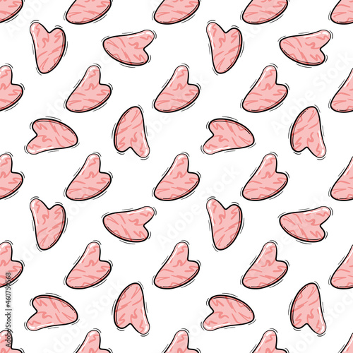 Gua sha for facial massage vector illustration. Seamless pattern with natural pink quartz stones. Skin care, face yoga, home beauty procedures and morning routine background in flat cartoon style.