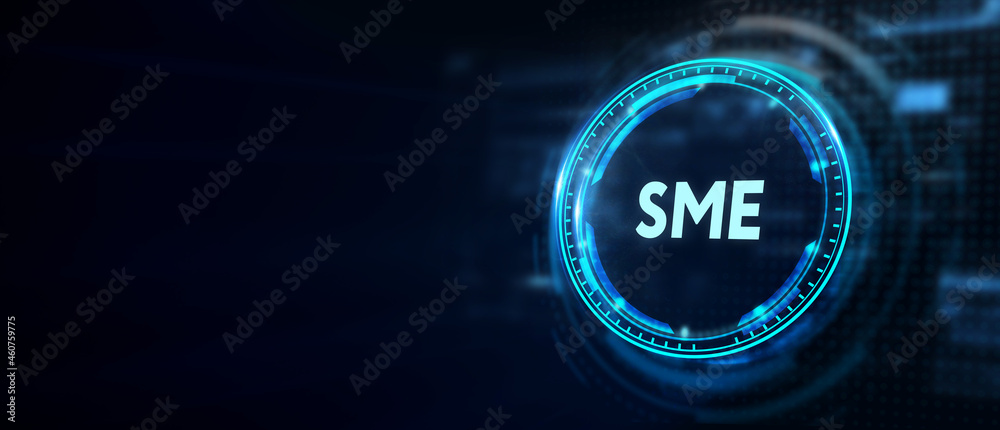 The concept of business, technology, the Internet and the network. A young entrepreneur working on a virtual screen of the future and sees the inscription: SME 3d illustration The concept of business, technology, the Internet and the network. A young entrepreneur working on a virtual screen of the future and sees the inscription: SME 3d illustration