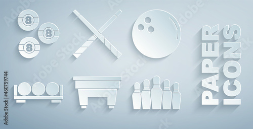 Set Billiard table, Bowling ball, balls on stand, pin, Crossed billiard cues and icon. Vector