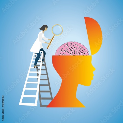 Woman examine brain with magnifying glass. Vector illustration. Square composition. EPS10.

