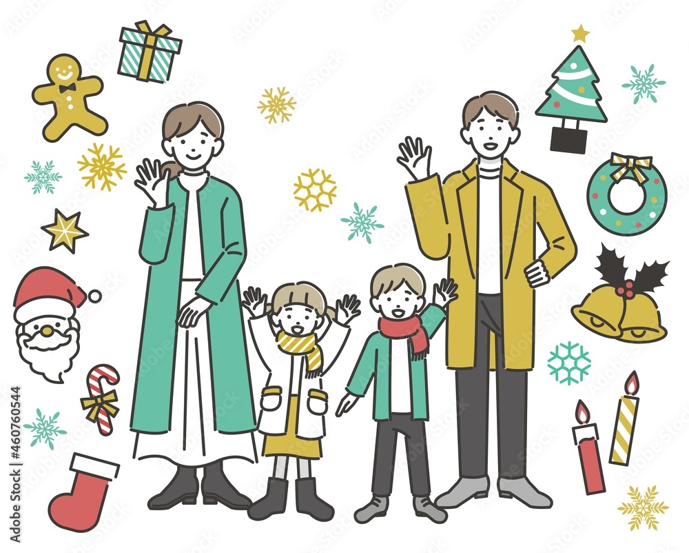 幸せ家族とシンプルでかわいいクリスマスアイコンベクターイラスト素材／プレゼント／サンタ／素材