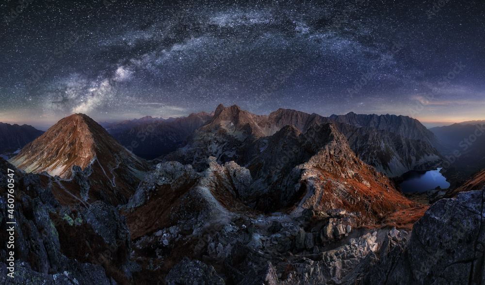 Milky way over Tatras mountain panorama landscsape at night, Poland