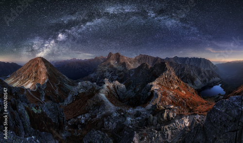 Fototapeta Naklejka Na Ścianę i Meble -  Milky way over Tatras mountain panorama landscsape at night, Poland