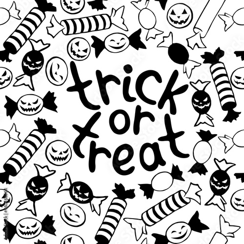 Vector frame made of candy in different wrappers in Halloween style with lettering-Trick or treat. Festive border, title, decoration in flat style