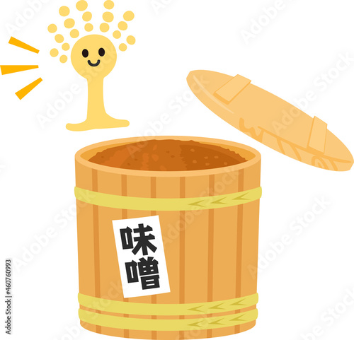 麹菌のキャラクターと樽に入った味噌