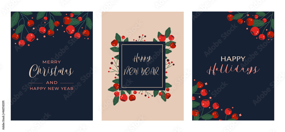 Naklejka premium Set of Merry Christmas greeting cards in traditional colors,vertical banners, flyers,invitations. Happy Holidays, Happy New Year, cards with winter objects, christmas florals and hand drawn lettering.