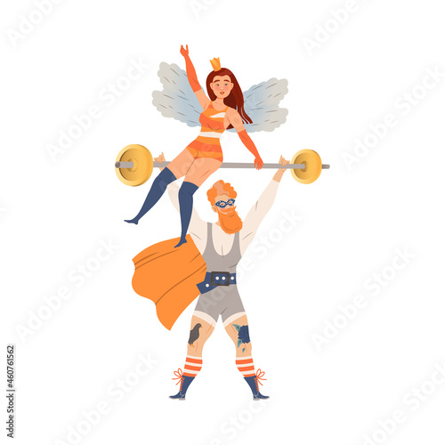 Circus artist performing at show, carnival party. Strongman lifting dumbbell with girl sitting on it cartoon vector illustration