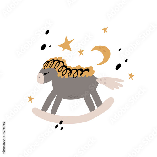 Rocking horse on the background of the moon and stars. Childrens illustrations in cartoon style isolated on white background. For printing on children's clothing, stickers.