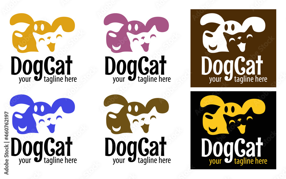 Funny logo from the combined muzzles of a cat and a dog. Pet store icon. Veterinarian clinic sign. Pet Supplies, Pet Food, and Pet Products emblem.