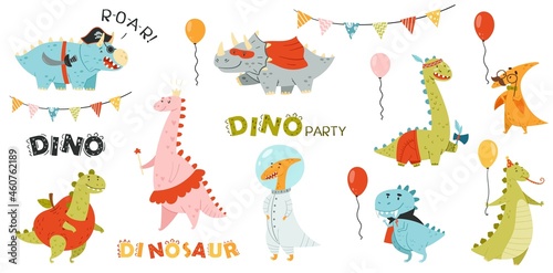 Cute dinosaurs in carnival costumes set. Adorable animals dressed for masquerade party cartoon vector illustration