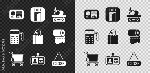 Set Identification badge, Fire exit, Electronic scales for product, Shopping cart, Hanging sign with Closed, POS terminal credit card and Paper bag bread loaf icon. Vector