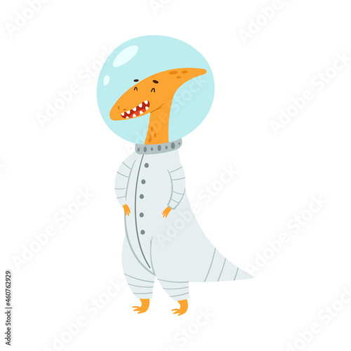 Cute comic dinosaur in astronaut costume. Adorable animal dressed for carnival or masquerade party cartoon vector illustration