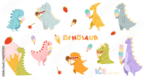 Cute comic dinosaurs eating ice cream set. Kids t-shirt print, books, stickers, posters design vector illustration