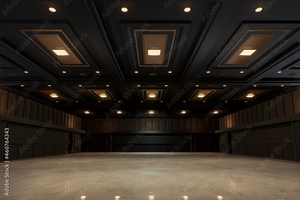 Empty convention hall center .The backdrop for exhibition stands,booth elements. Meeting room for the conference.Big Arena for entertainment,concert,event. ballroom.3d render.