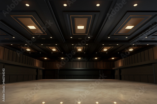 Empty convention hall center .The backdrop for exhibition stands,booth elements. Meeting room for the conference.Big Arena for entertainment,concert,event. ballroom.3d render. photo