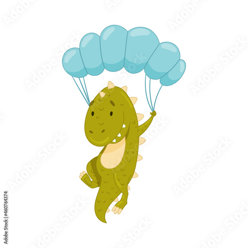 Cute adorable dinosaur animal flying with parachute. Lovely dino for nursery, t-shirt, book, print, poster design cartoon vector illustration