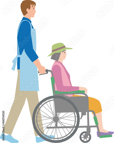 女性が乗った車いすを押す介護士の男性のベクターイラスト