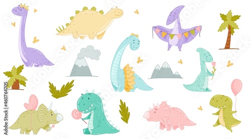 Cute adorable dinosaurs set. Lovely dino for nursery, t-shirt, book, print, poster design cartoon vector illustration