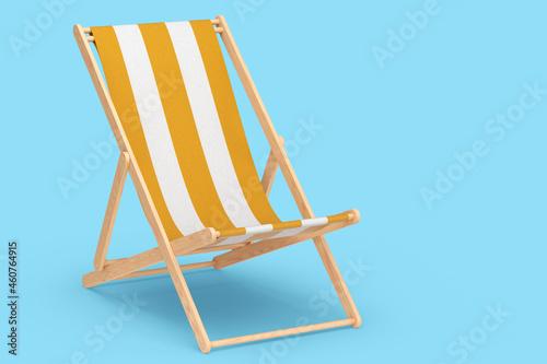 Orange striped beach chair for summer getaways isolated on blue background.