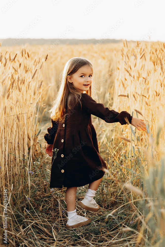 Little beautiful smiling girl on a gold wheat field. Girls in the grain ...