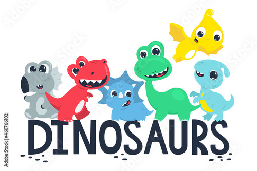 Set of Cute dinosaurs - stegosaurus, tyrannosaurus, triceratops, diplodocus, pterodactylus, and parasaurolophus isolated on white background illustration vector.