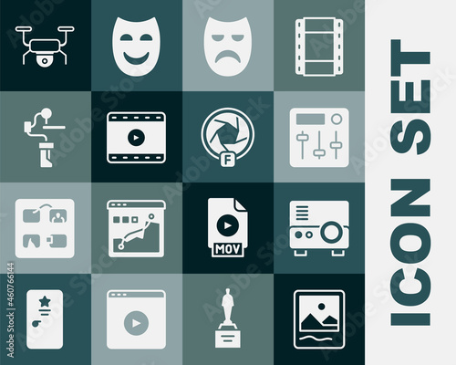 Set Photo frame, Media projector, Sound mixer controller, Drama theatrical mask, Play Video, Gimbal stabilizer for camera, Drone flying and Camera shutter icon. Vector