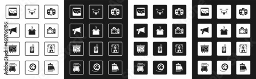 Set Actor trailer, Sleeveless T-shirt, Megaphone, Music wave equalizer, Photo camera, Drone flying, Gimbal stabilizer with and Scenario chalkboard icon. Vector