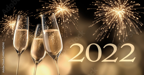 2020 - New year composition with champagne glasses and fireworks - 3D illustration