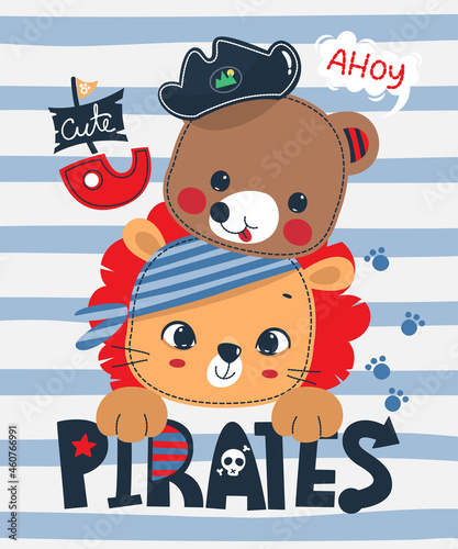 Cute cartoon lion and bear enjoying a pirate theme on striped background illustration vector.