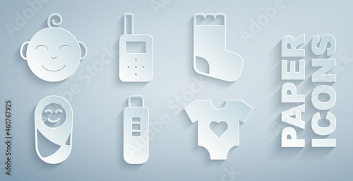 Set Pregnancy test, Baby socks, Newborn baby infant swaddled, clothes, monitor walkie talkie and Little boy head icon. Vector