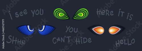 Mystic eyes. Vivid and comic design elements. Modern 3D layered structures. Paper art composed by overlapping details. Vector graphics