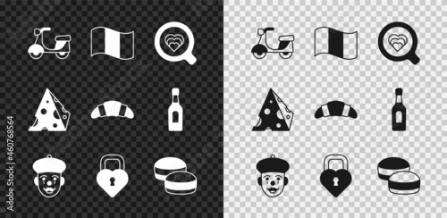Set Scooter, Flag France, Coffee cup, French mime, Castle in the shape heart, Macaron cookie, Cheese and Croissant icon. Vector