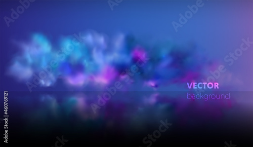 Smoke stage vector background. Abstract blue and purple fog with shadow.