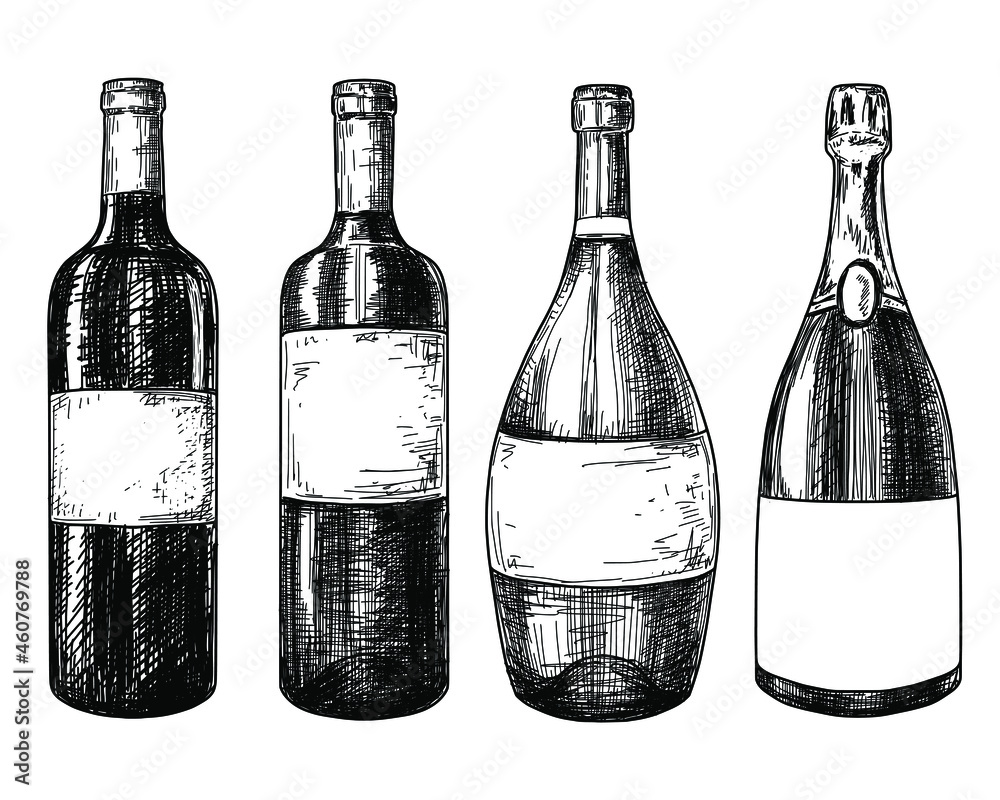 Wine bottles sketch ink graphic set illustration, draft silhouette