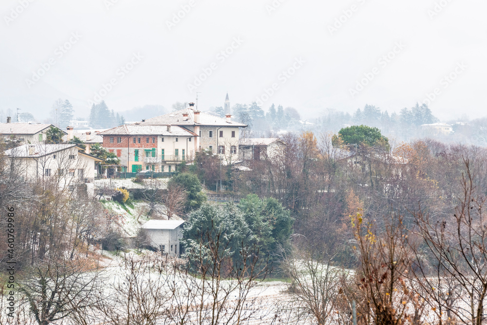 First snow on the hill towns. Between autumn and winter First snow on the hill towns. Between autumn and winter