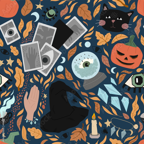 seamless pattern of cute Halloween symbols - black cat, eyes, witch hat, pumpkins, spiders, fortune telling ball, cards, crystals, autumn leaves. illustration for wrapping paper, background, wallpaper