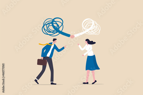 Respect different dissent, accept conflict opinion for work collaborate, professional work discussion concept, businessman and woman fighting or arguing on work with sign of respectful handshaking. photo