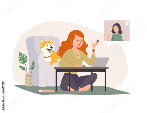 Vector illustration of young stylish friendly women chat online. Remote work, zoom call concept. Flat cartoon style.