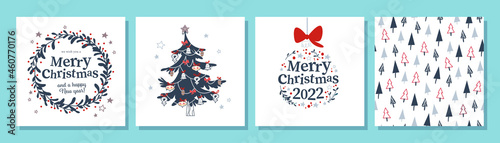 Collection of Merry Christmas congratulation cards with wreath, xmas fir tree, pattern. Vector flat illustration. For tags, banners, prints, packaging, invitations.