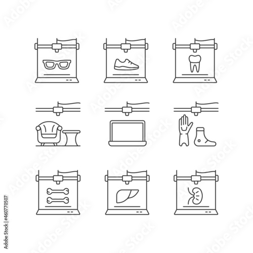 Additive manufacturing linear icons set. Producing 3d models. Printed prosthetics. Bioprinting. Customizable thin line contour symbols. Isolated vector outline illustrations. Editable stroke